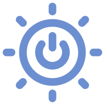 Power button icon inside a sun symbol representing brightness control.