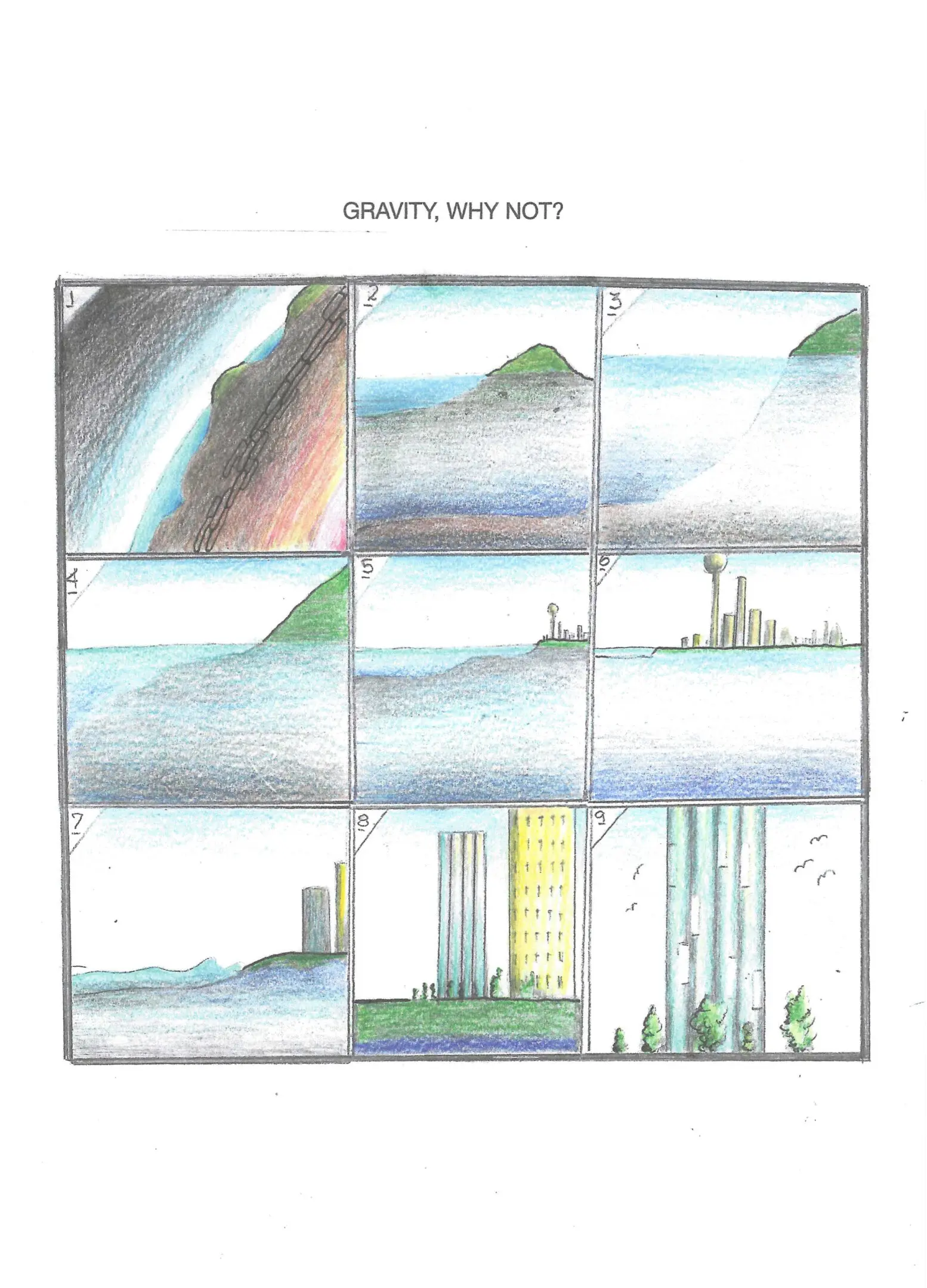 Comic strip showing a woman observing a sunrise and cityscape changes.