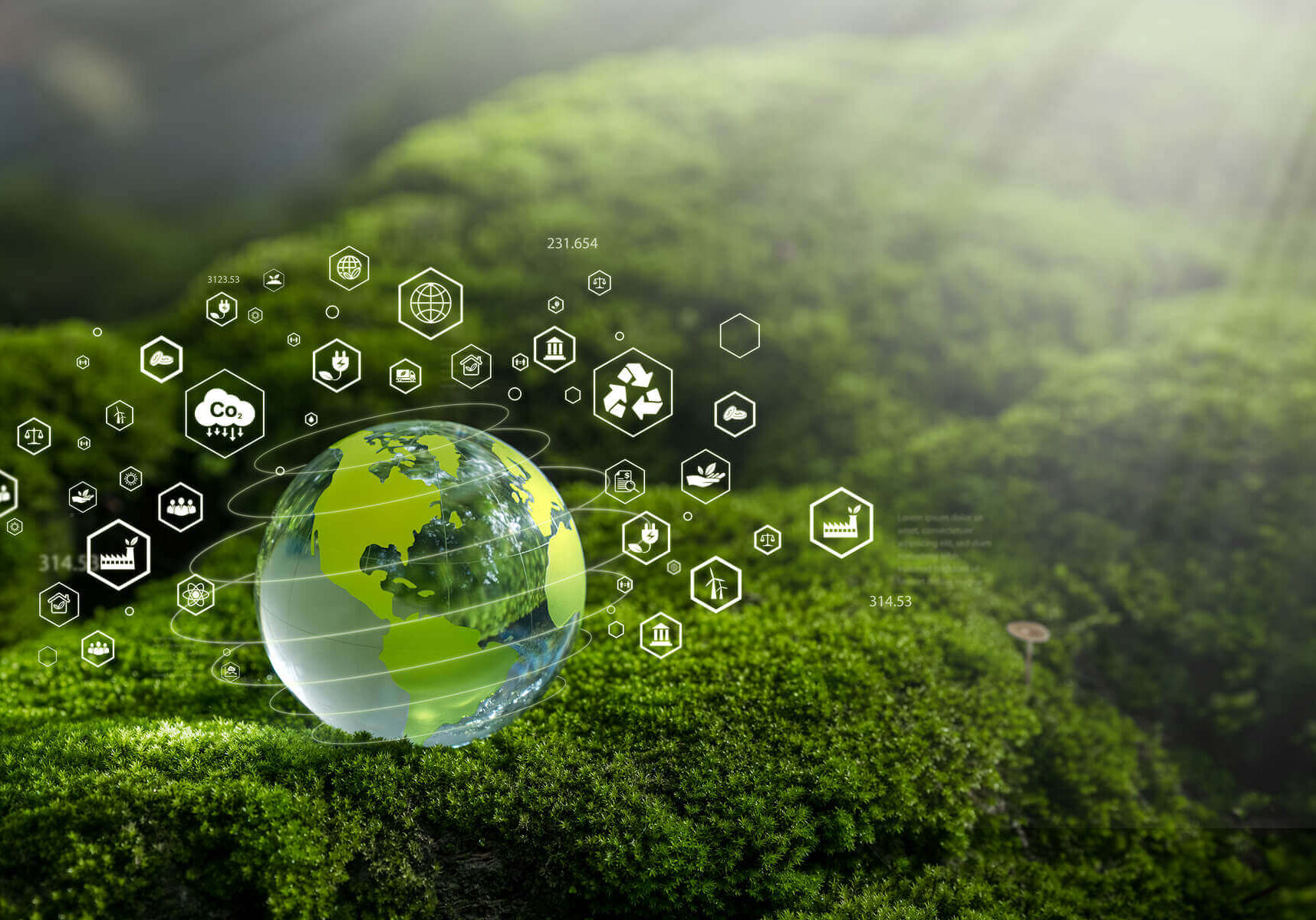 Eco-friendly globe surrounded by sustainability icons.